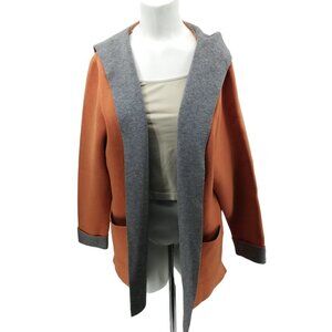 Kleio Double Knit Open Front Hooded Cardigan Sweater Size XL Orange Gray Pockets